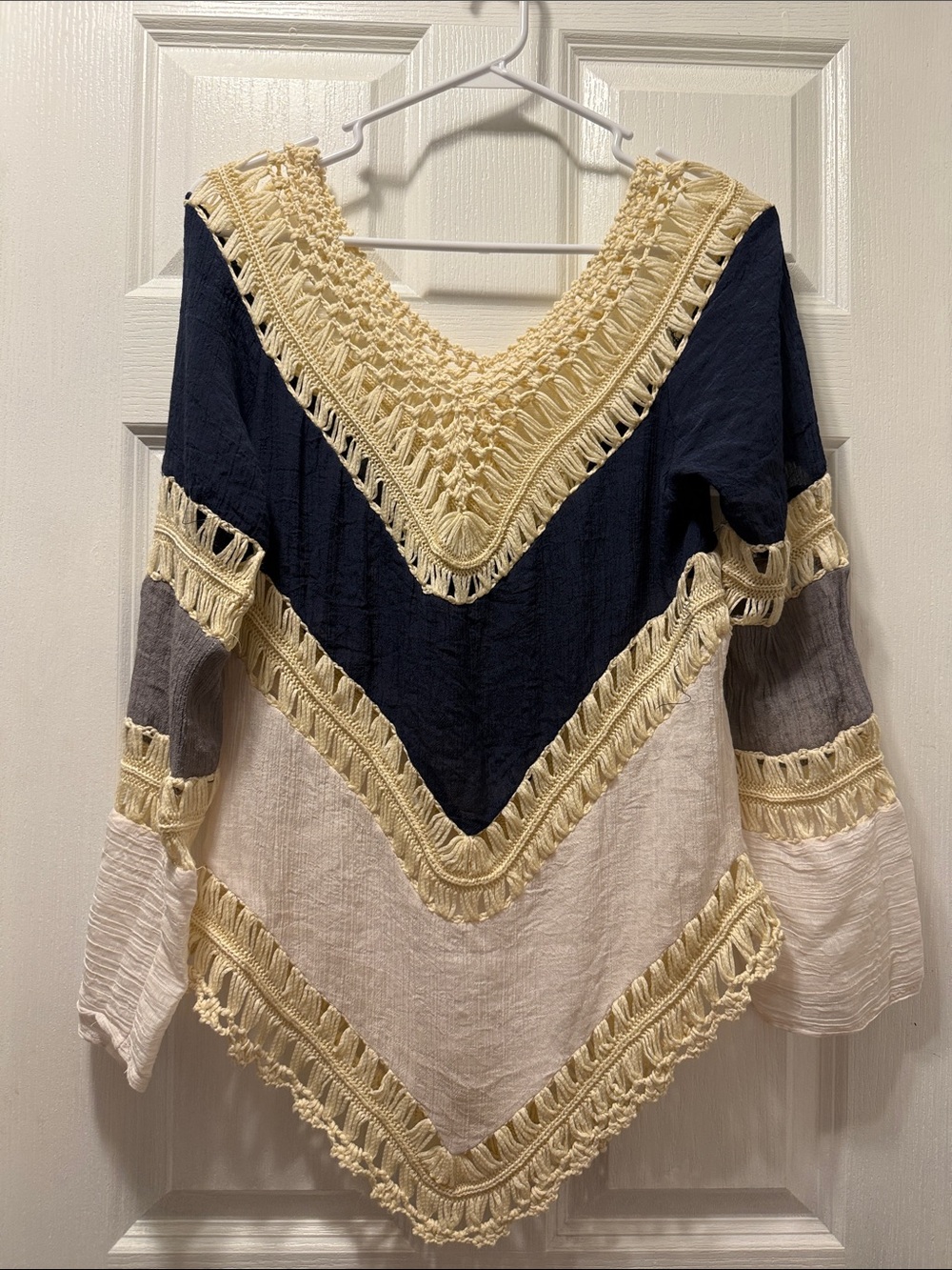 Crochet Trim V-Neck Chevron Sweater - Navy, Gray & Cream